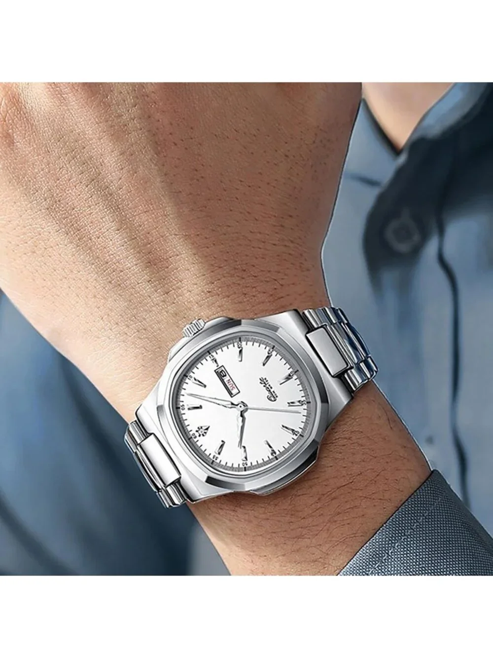 Men's Silver White Stainless Steel Strap Quartz Movement Waterproof Wrist Watch